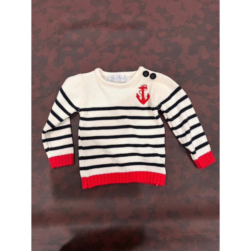 Powell Craft England Kids Nautical Stripe‎ Anchor Cotton Knit Sweater Cream Red